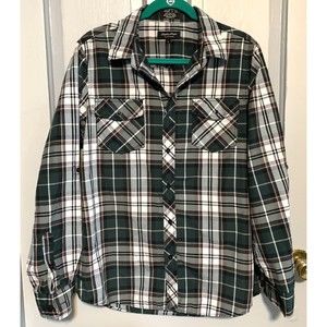 Eighty Eight Platinum Button Up Shirt Mens L Green Plaid Roll Tab Long Sleeves